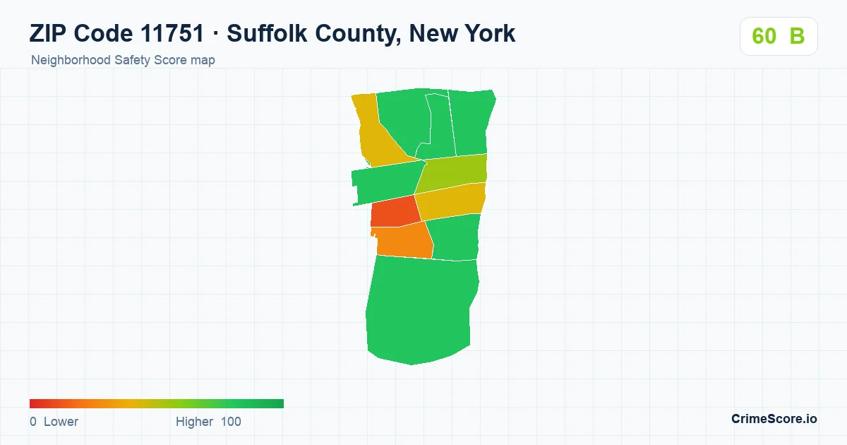 ZIP Code 11751 in Suffolk County, New York neighborhood Safety Score map