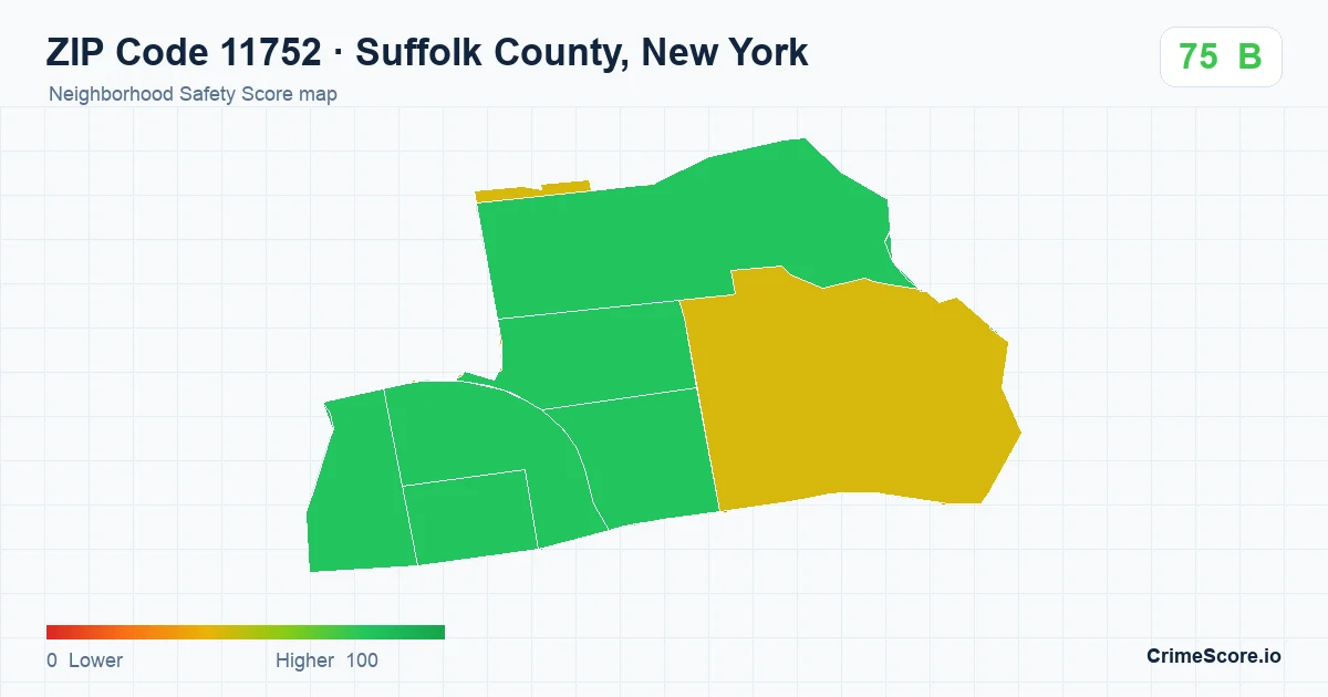ZIP Code 11752 in Suffolk County, New York neighborhood Safety Score map