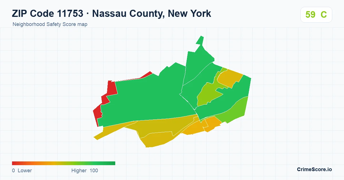 ZIP Code 11753 in Nassau County, New York neighborhood Safety Score map