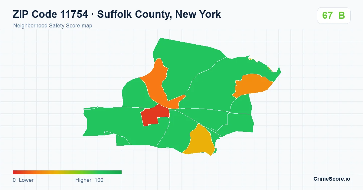 ZIP Code 11754 in Suffolk County, New York neighborhood Safety Score map