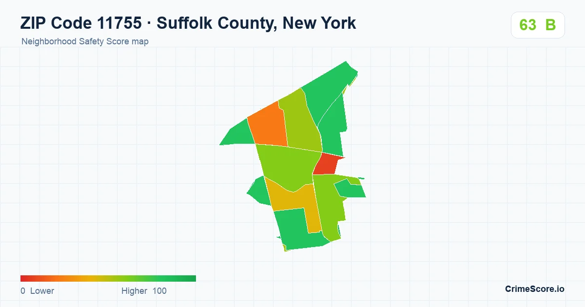 ZIP Code 11755 in Suffolk County, New York neighborhood Safety Score map