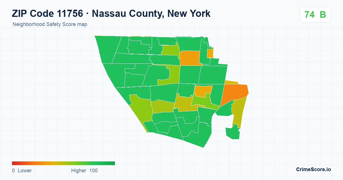 ZIP Code 11756 in Nassau County, New York neighborhood Safety Score map