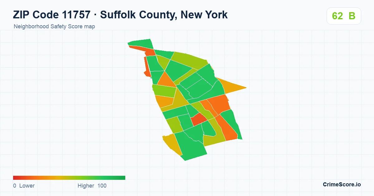 ZIP Code 11757 in Suffolk County, New York neighborhood Safety Score map