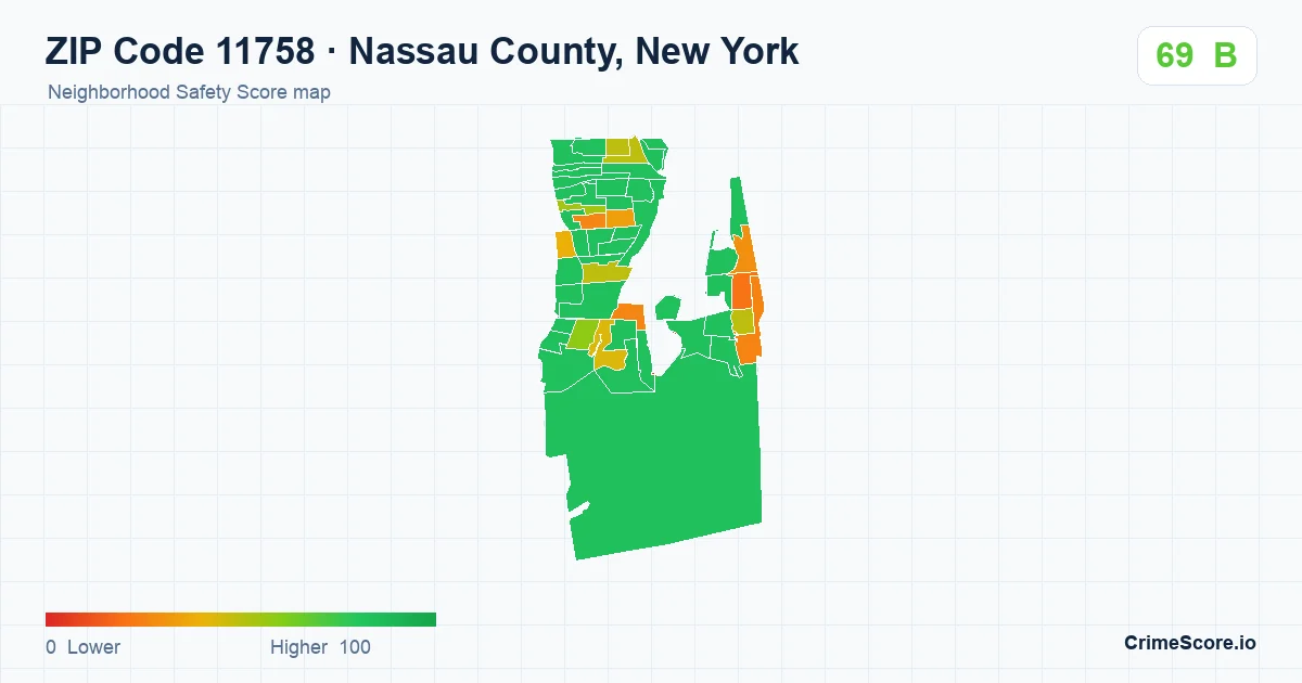 ZIP Code 11758 in Nassau County, New York neighborhood Safety Score map