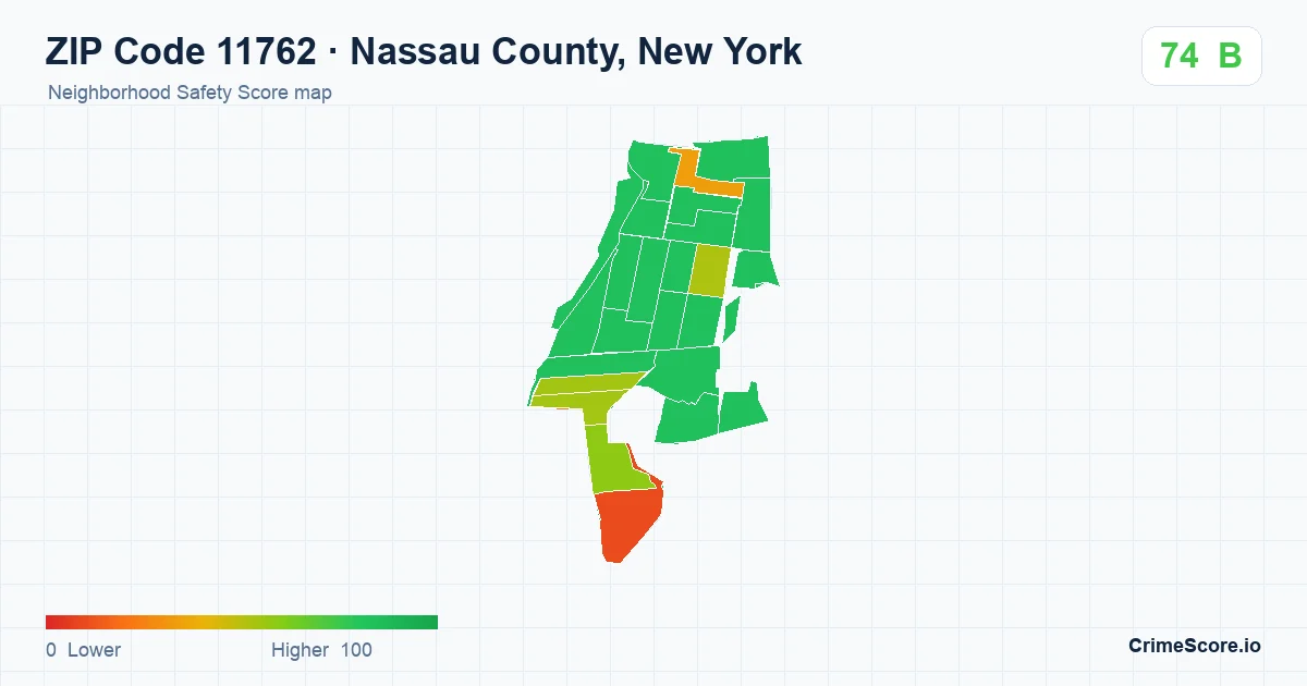 ZIP Code 11762 in Nassau County, New York neighborhood Safety Score map