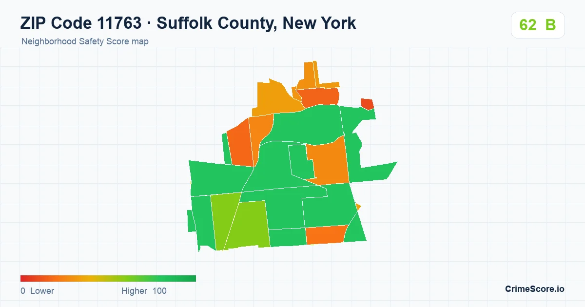 ZIP Code 11763 in Suffolk County, New York neighborhood Safety Score map