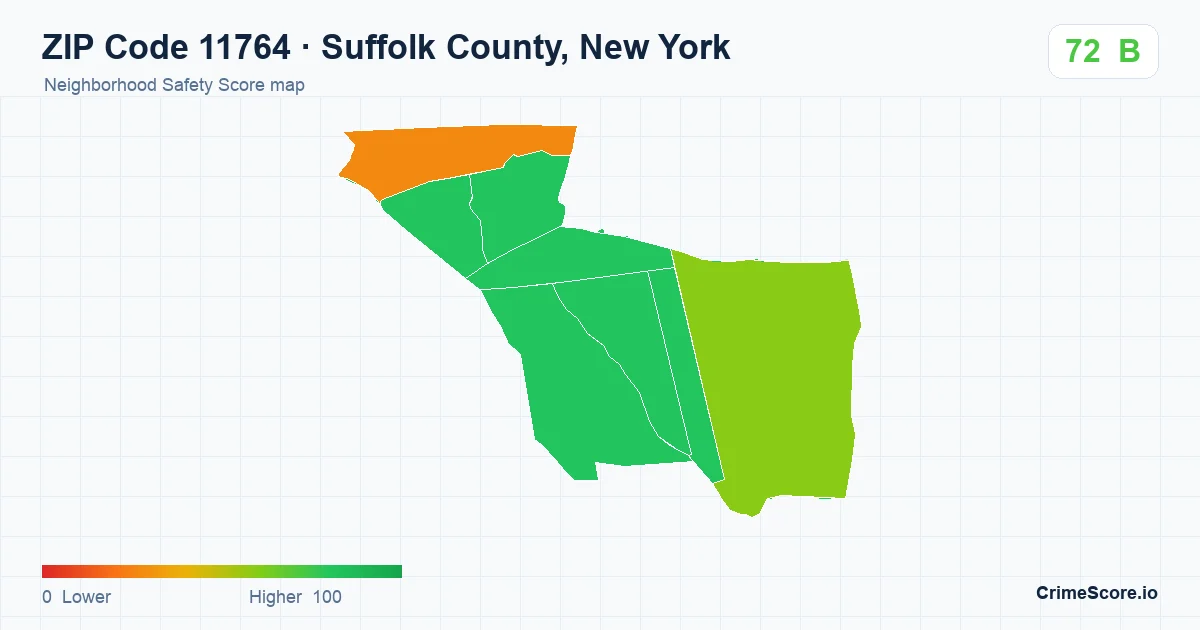 ZIP Code 11764 in Suffolk County, New York neighborhood Safety Score map