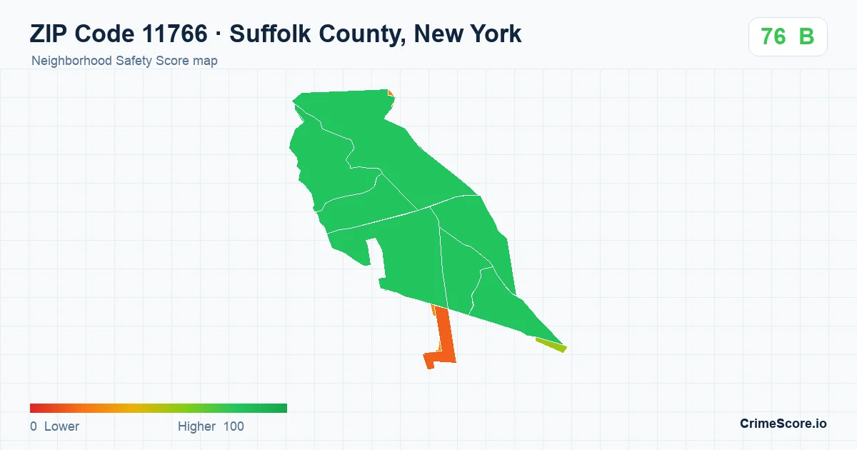ZIP Code 11766 in Suffolk County, New York neighborhood Safety Score map
