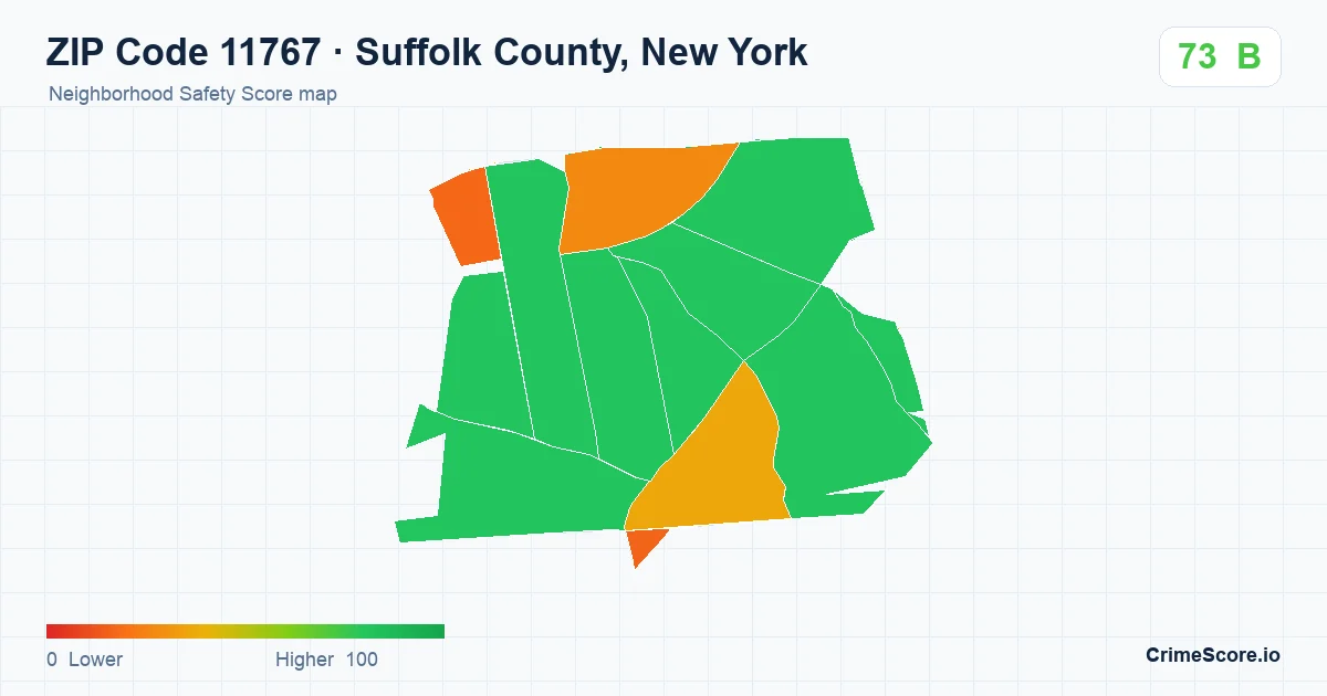 ZIP Code 11767 in Suffolk County, New York neighborhood Safety Score map