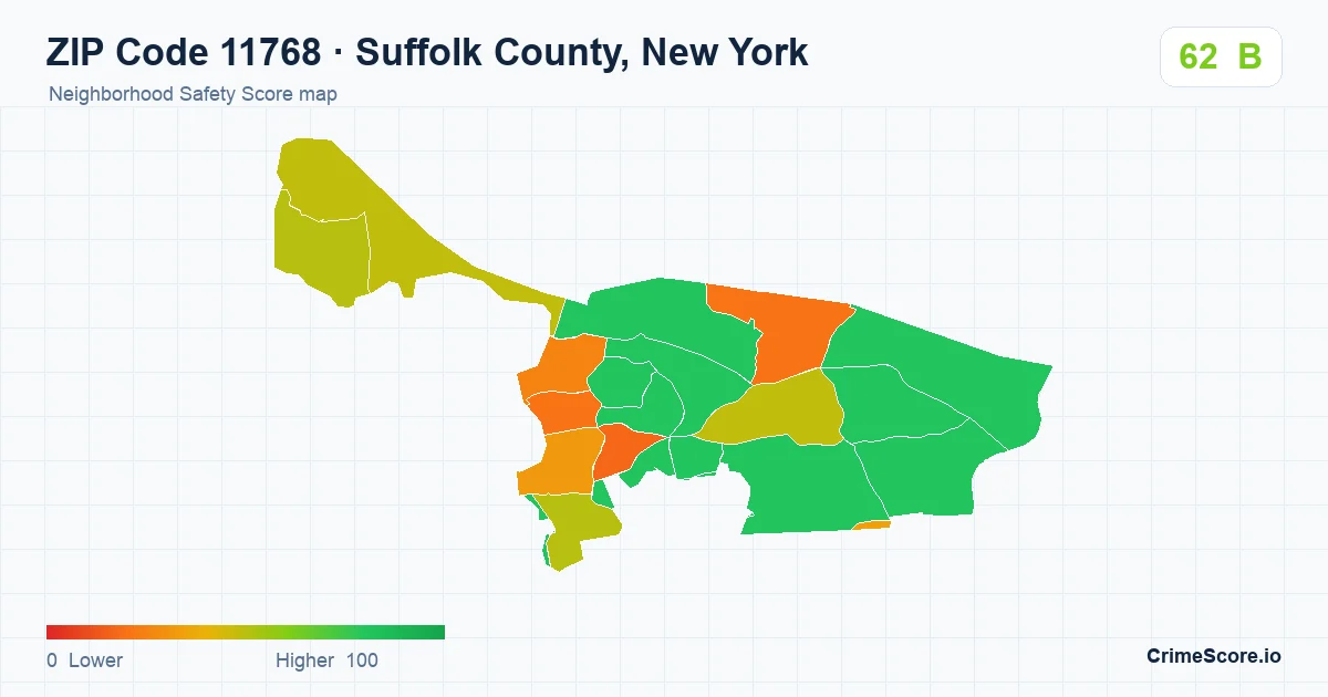 ZIP Code 11768 in Suffolk County, New York neighborhood Safety Score map