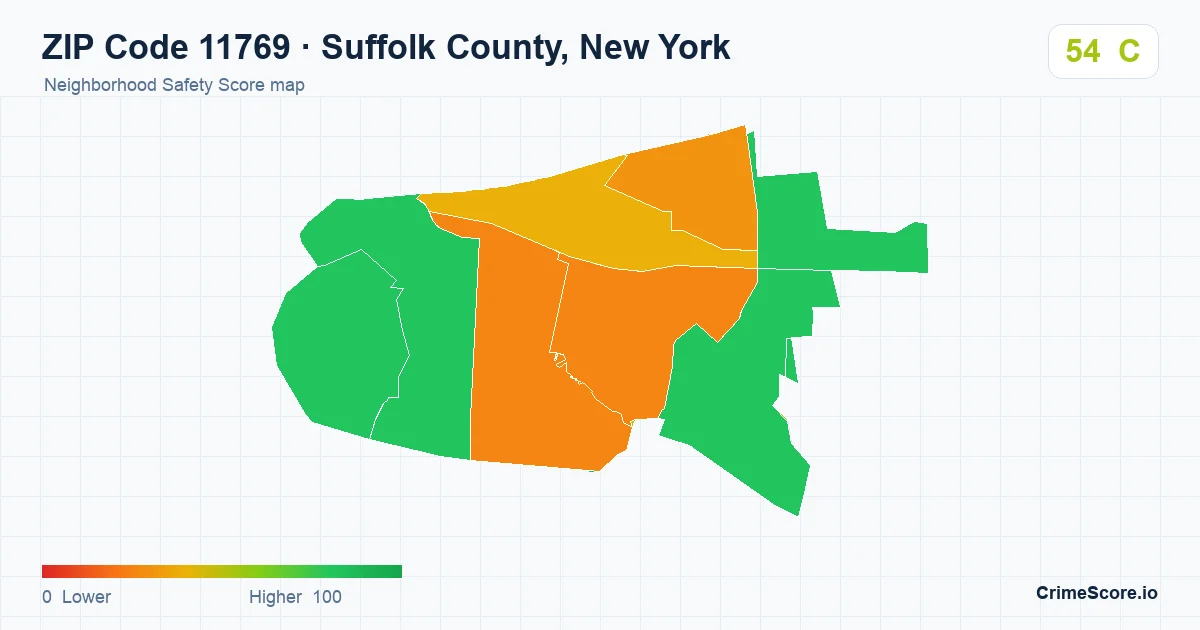 ZIP Code 11769 in Suffolk County, New York neighborhood Safety Score map