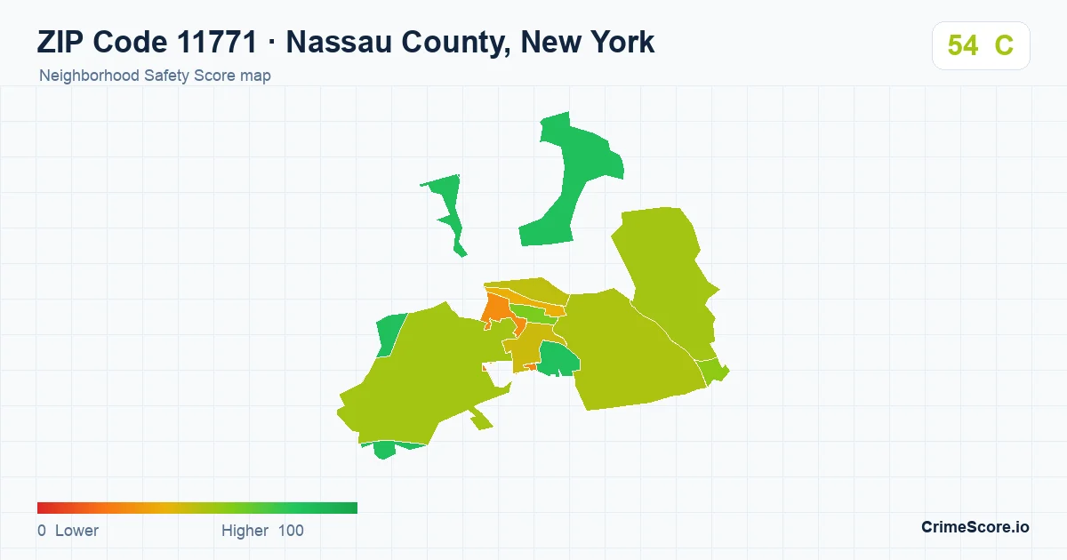 ZIP Code 11771 in Nassau County, New York neighborhood Safety Score map