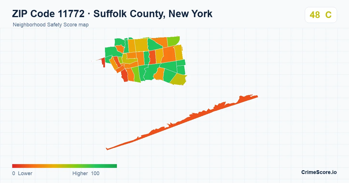 ZIP Code 11772 in Suffolk County, New York neighborhood Safety Score map