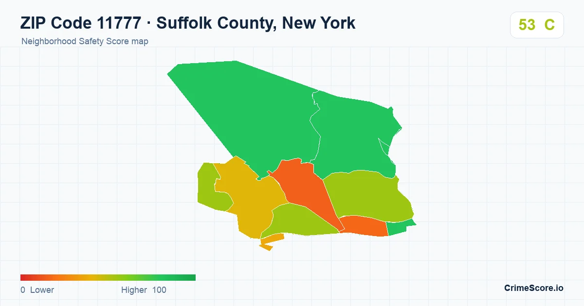 ZIP Code 11777 in Suffolk County, New York neighborhood Safety Score map