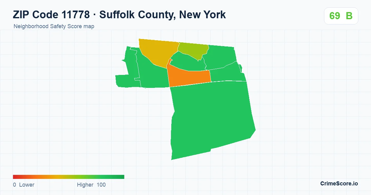 ZIP Code 11778 in Suffolk County, New York neighborhood Safety Score map