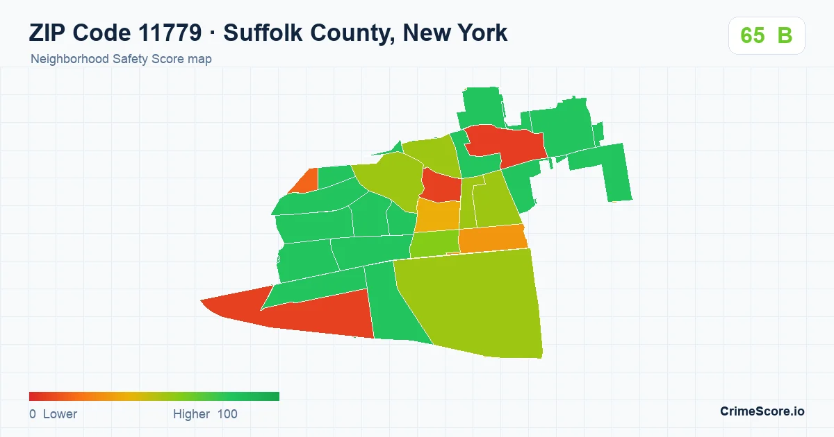 ZIP Code 11779 in Suffolk County, New York neighborhood Safety Score map