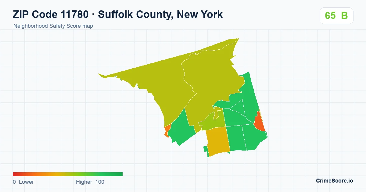 ZIP Code 11780 in Suffolk County, New York neighborhood Safety Score map