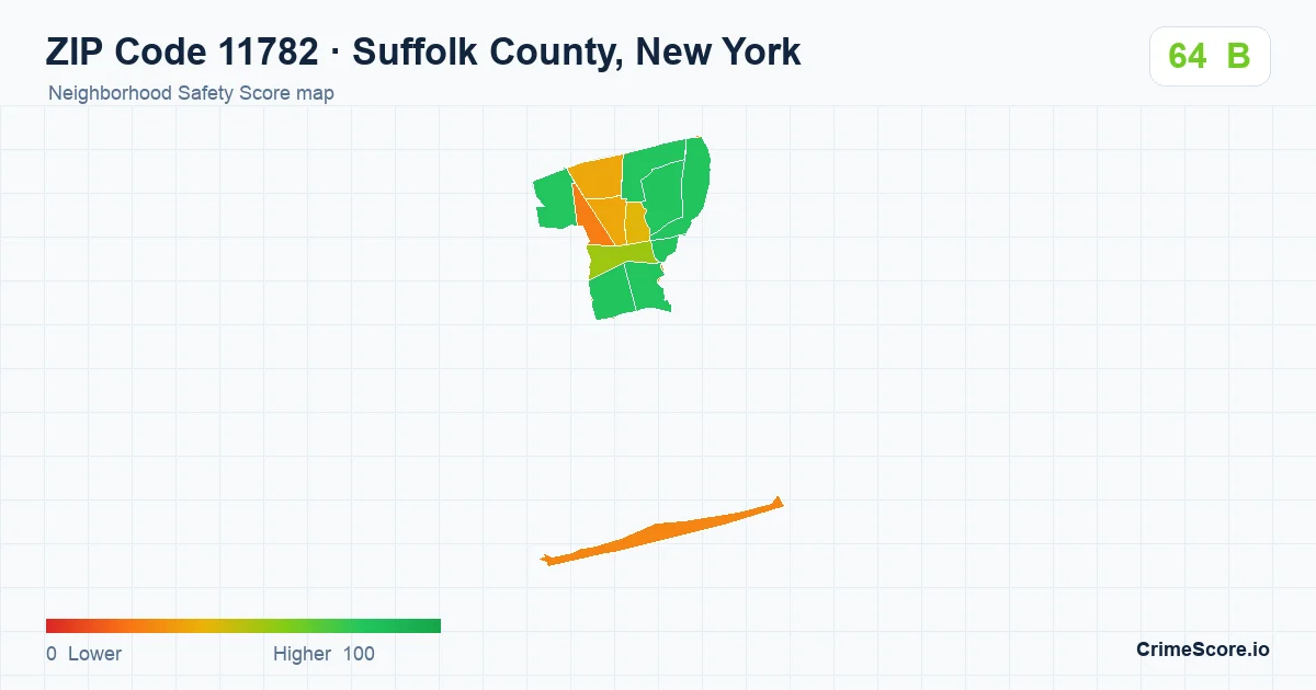 ZIP Code 11782 in Suffolk County, New York neighborhood Safety Score map