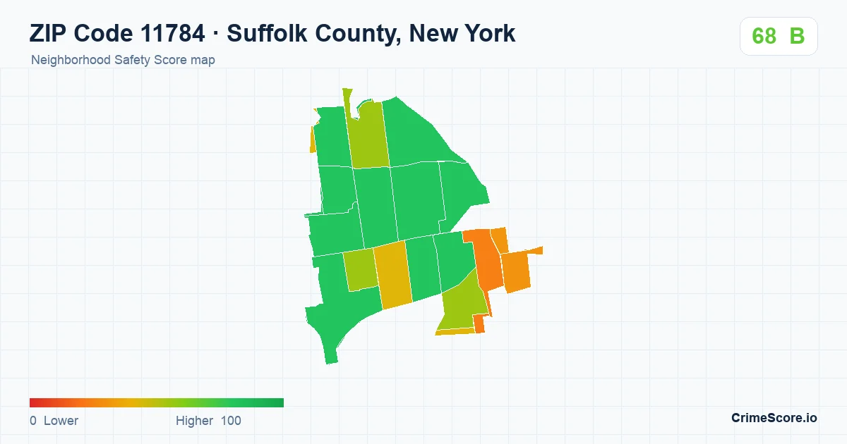 ZIP Code 11784 in Suffolk County, New York neighborhood Safety Score map