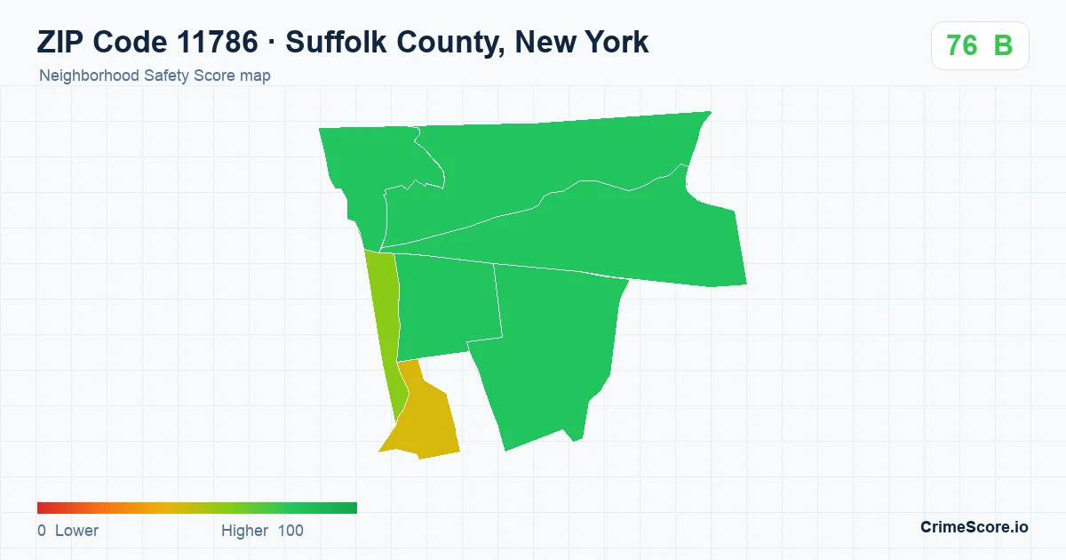 ZIP Code 11786 in Suffolk County, New York neighborhood Safety Score map