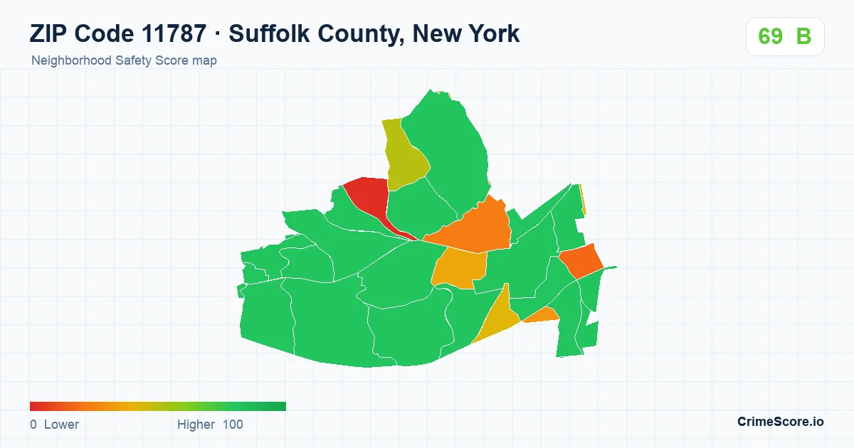 ZIP Code 11787 in Suffolk County, New York neighborhood Safety Score map