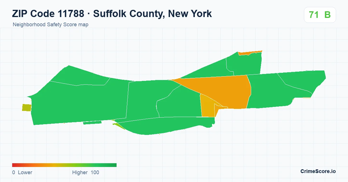 ZIP Code 11788 in Suffolk County, New York neighborhood Safety Score map