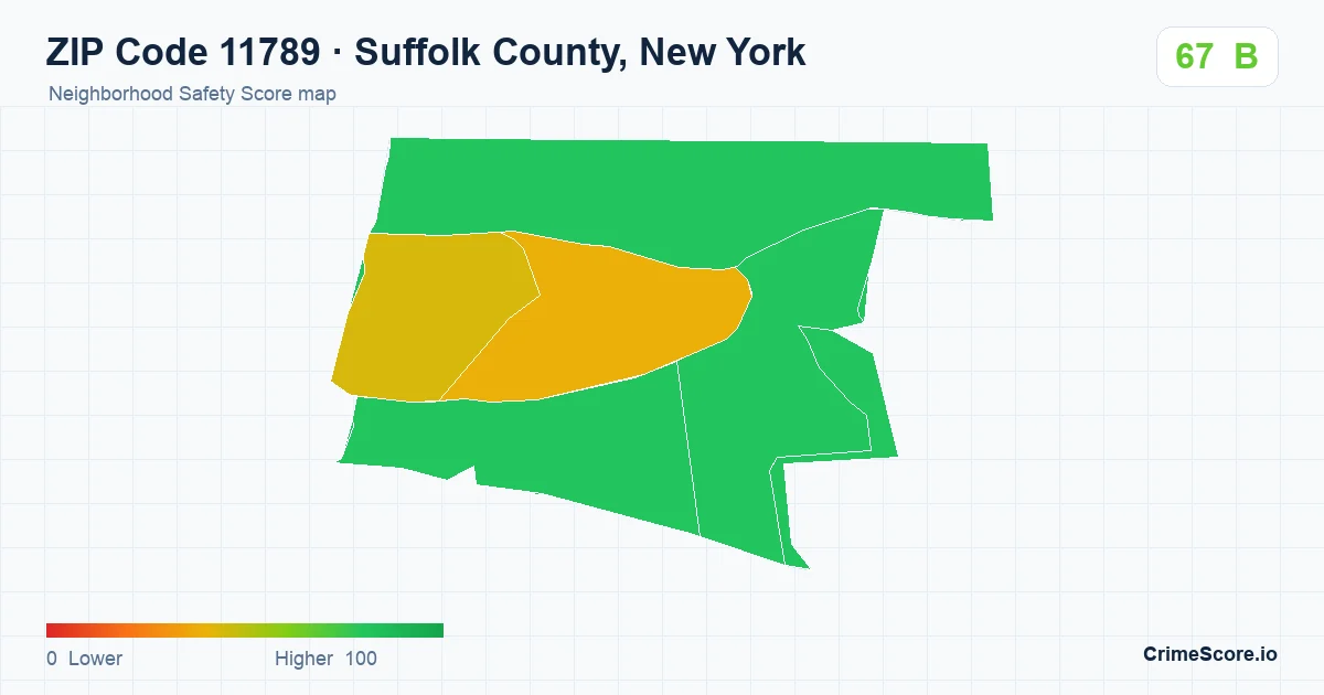 ZIP Code 11789 in Suffolk County, New York neighborhood Safety Score map