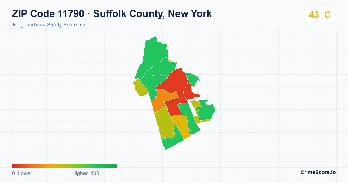 ZIP Code 11790 in Suffolk County, New York neighborhood Safety Score map