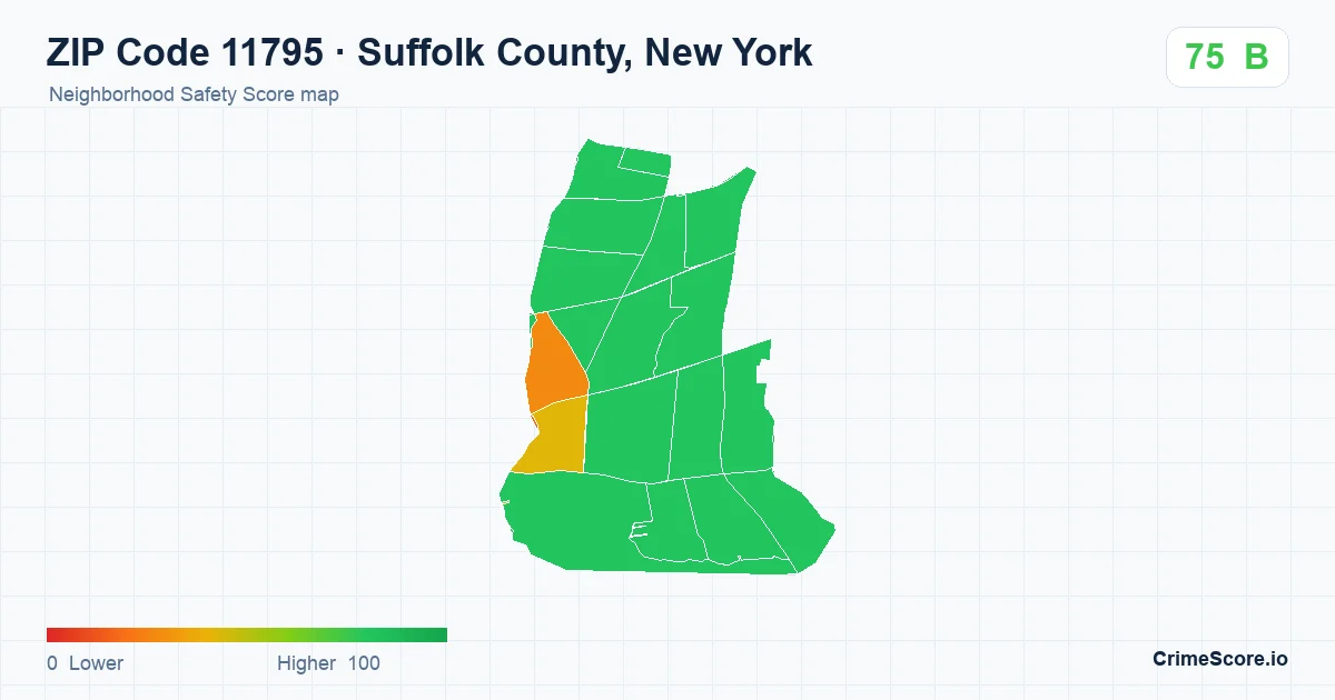 ZIP Code 11795 in Suffolk County, New York neighborhood Safety Score map