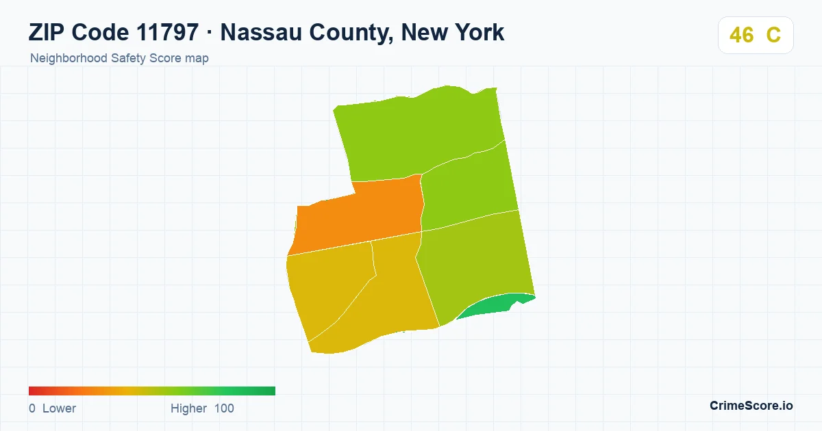 ZIP Code 11797 in Nassau County, New York neighborhood Safety Score map