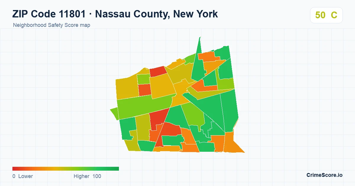 ZIP Code 11801 in Nassau County, New York neighborhood Safety Score map
