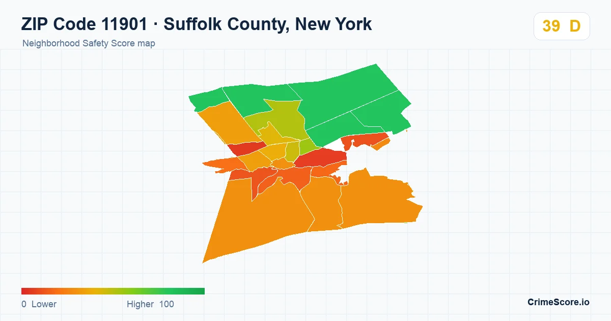 ZIP Code 11901 in Suffolk County, New York neighborhood Safety Score map