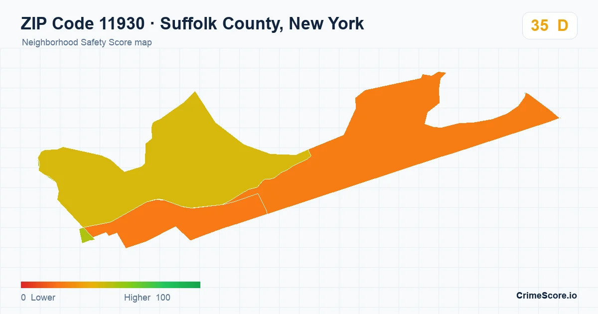 ZIP Code 11930 in Suffolk County, New York neighborhood Safety Score map