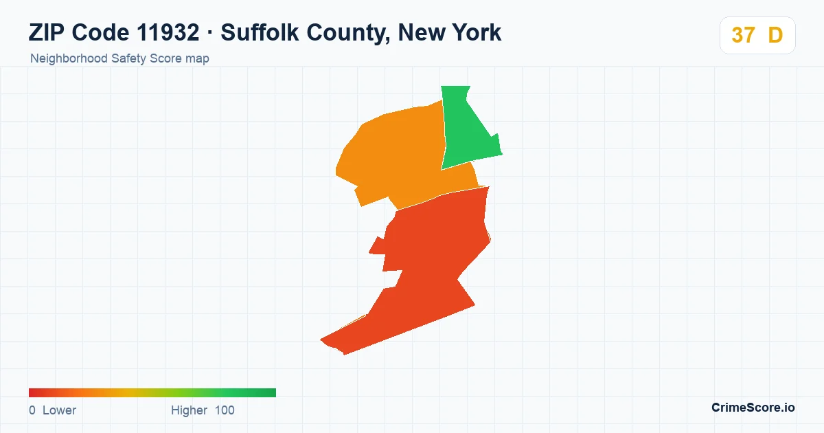 ZIP Code 11932 in Suffolk County, New York neighborhood Safety Score map