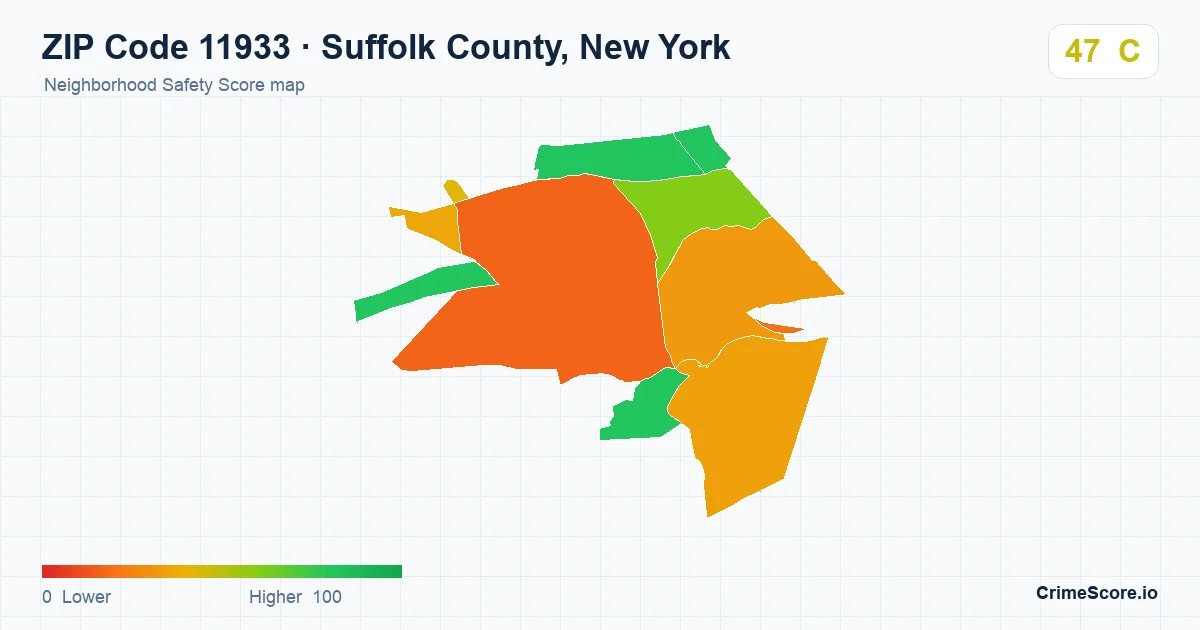 ZIP Code 11933 in Suffolk County, New York neighborhood Safety Score map
