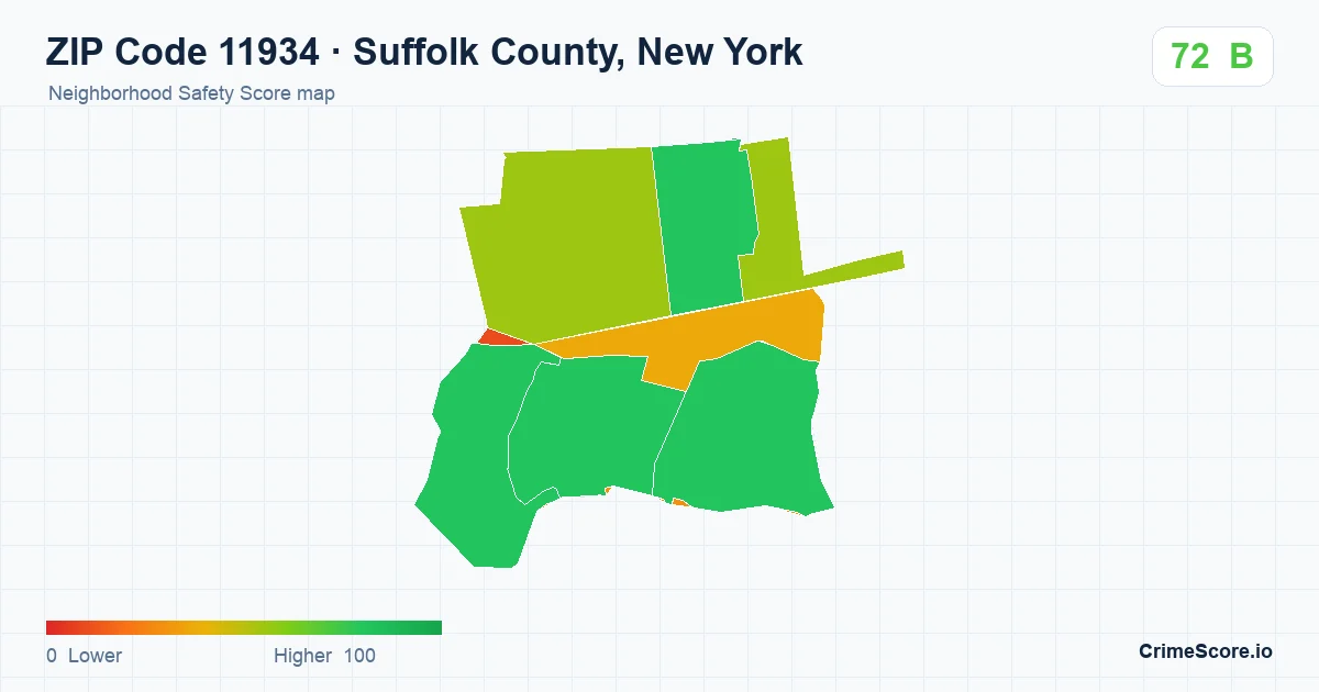 ZIP Code 11934 in Suffolk County, New York neighborhood Safety Score map