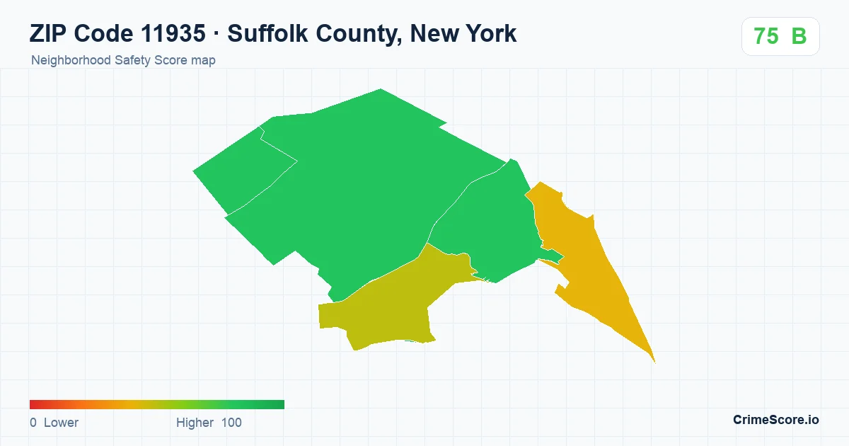 ZIP Code 11935 in Suffolk County, New York neighborhood Safety Score map