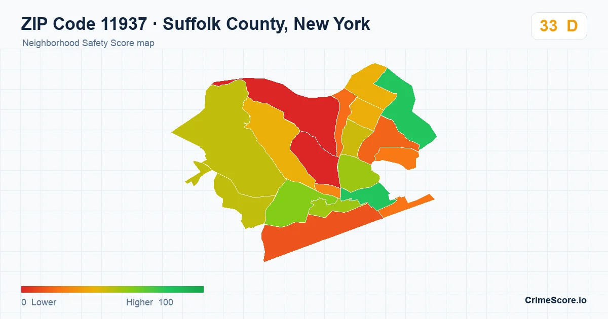 ZIP Code 11937 in Suffolk County, New York neighborhood Safety Score map