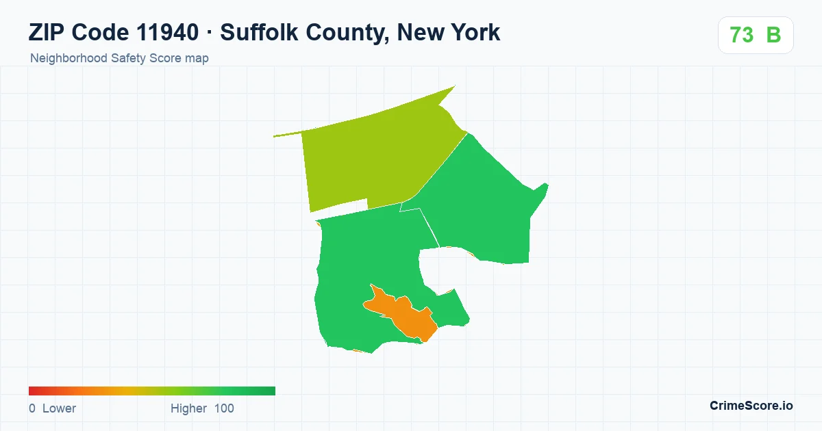 ZIP Code 11940 in Suffolk County, New York neighborhood Safety Score map