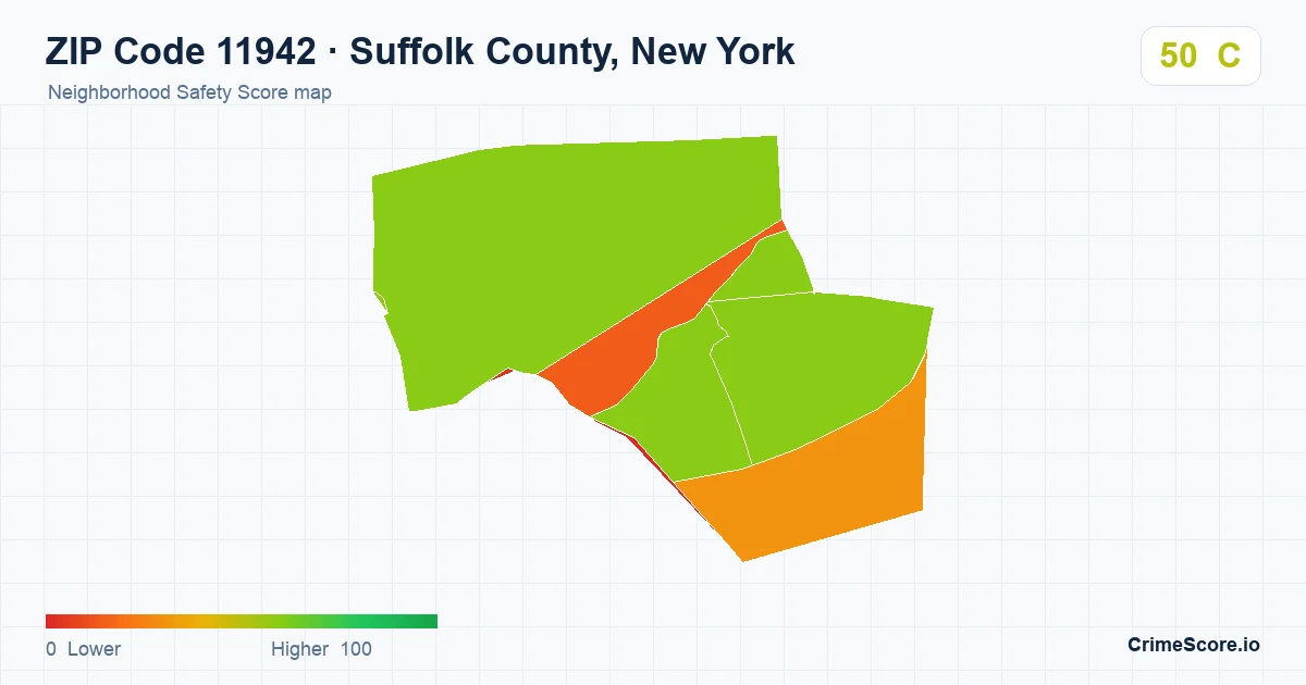 ZIP Code 11942 in Suffolk County, New York neighborhood Safety Score map