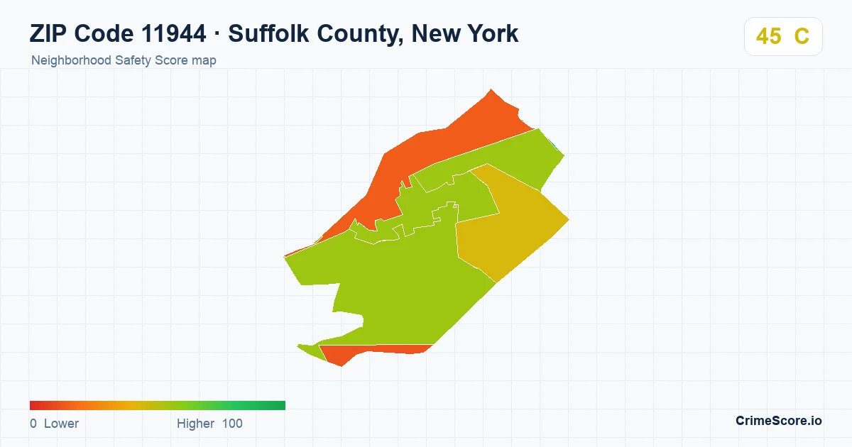 ZIP Code 11944 in Suffolk County, New York neighborhood Safety Score map