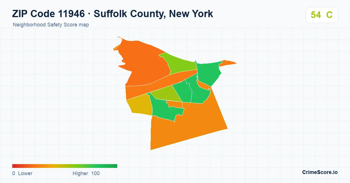ZIP Code 11946 in Suffolk County, New York neighborhood Safety Score map