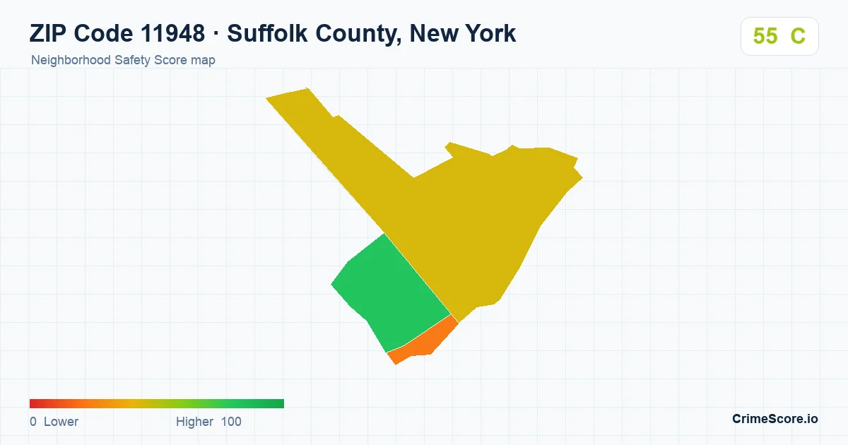 ZIP Code 11948 in Suffolk County, New York neighborhood Safety Score map