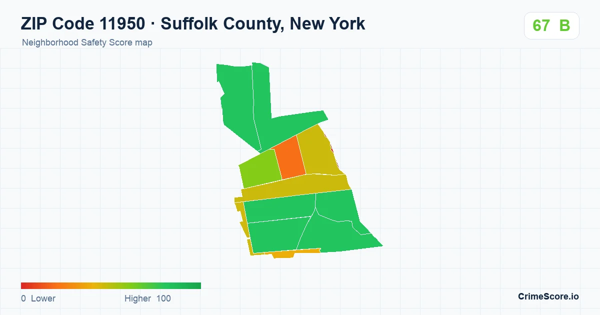 ZIP Code 11950 in Suffolk County, New York neighborhood Safety Score map