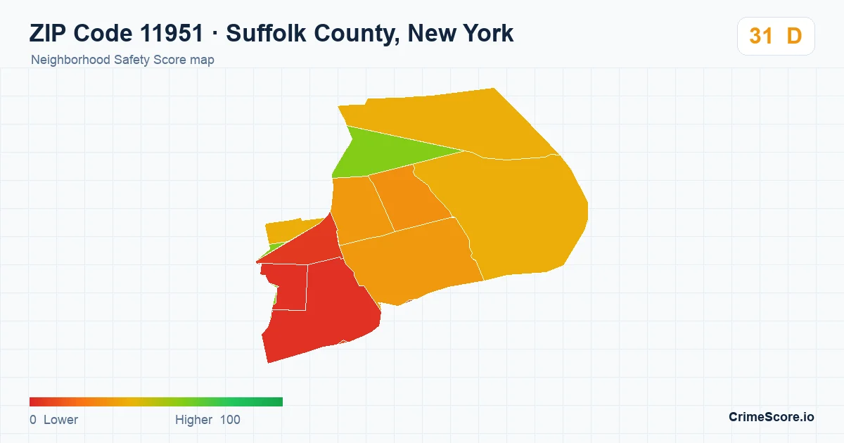 ZIP Code 11951 in Suffolk County, New York neighborhood Safety Score map