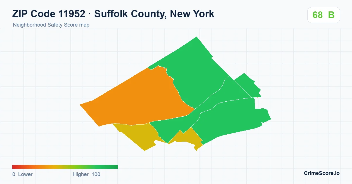 ZIP Code 11952 in Suffolk County, New York neighborhood Safety Score map