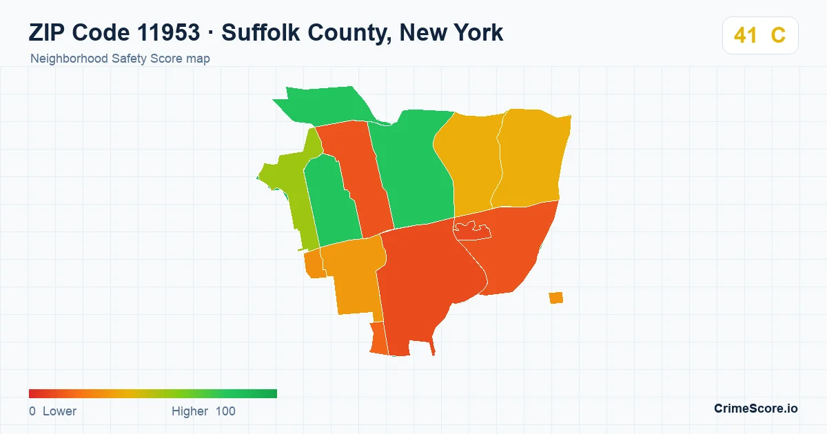 ZIP Code 11953 in Suffolk County, New York neighborhood Safety Score map