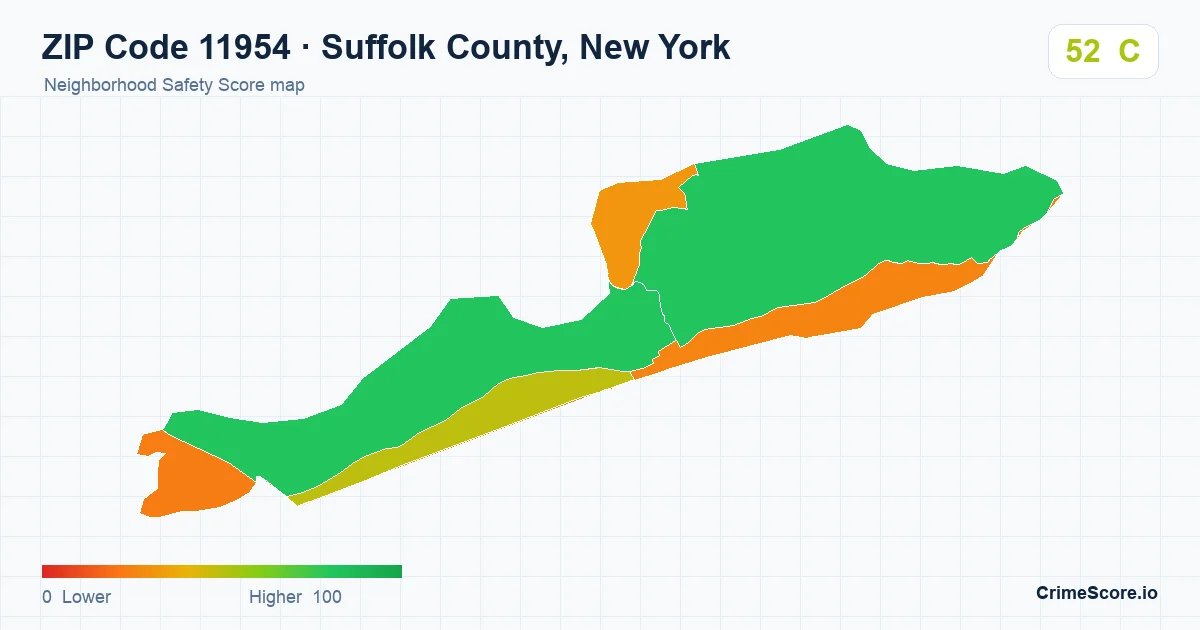 ZIP Code 11954 in Suffolk County, New York neighborhood Safety Score map