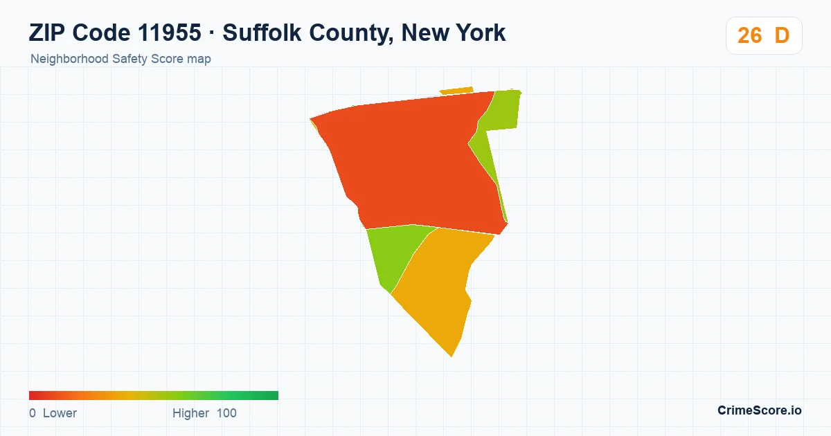 ZIP Code 11955 in Suffolk County, New York neighborhood Safety Score map