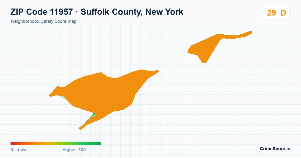 ZIP Code 11957 in Suffolk County, New York neighborhood Safety Score map